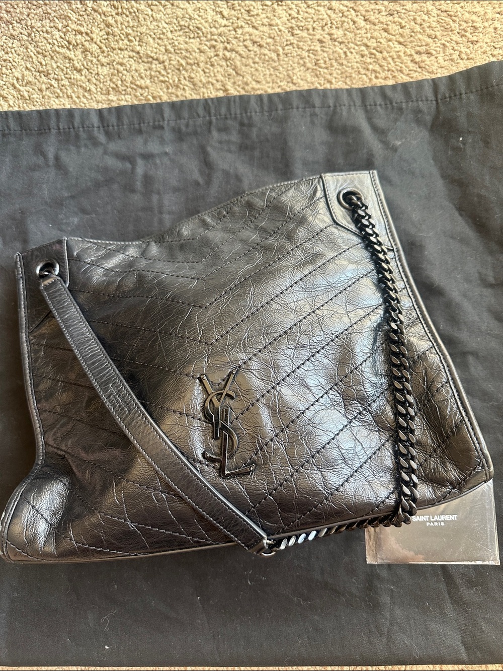 Saint Laurent Black Quilted Leather Tote with Chain Detail